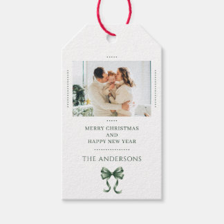 Étiquettes-cadeau Personalized Christmas Photo Green Bow Modern