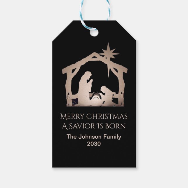 Étiquettes-cadeau Personalized Merry Christmas Gold Nativity  (Devant)