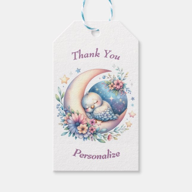 Étiquettes-cadeau Personnalisé mignon bébé oiseau dormant sur la lun (Devant)