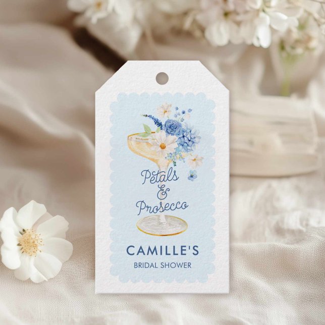 Étiquettes-cadeau Pétales bleues et Fête des mariées de poursuite Fa (Blue Petals and Prosecco Bridal shower tag)