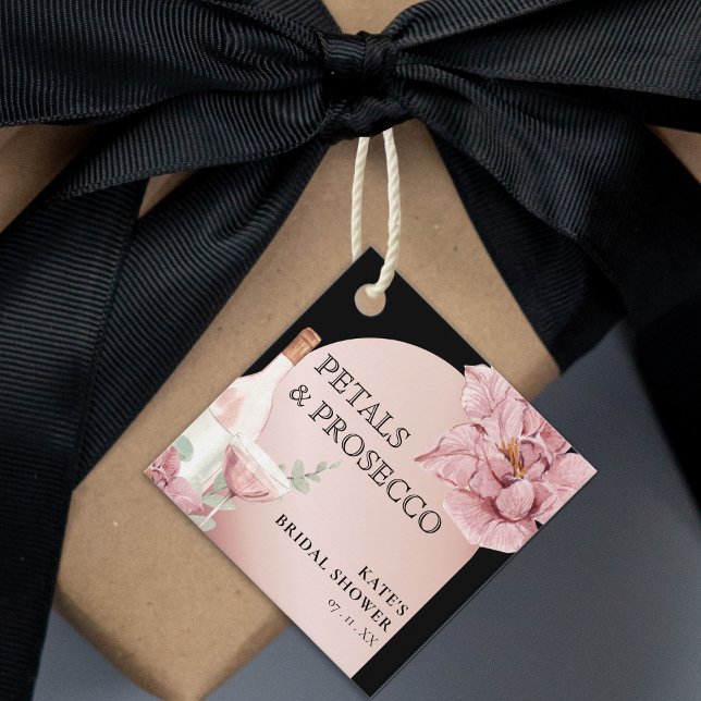 Étiquettes Cadeau Pétales et Pourvue Fête des mariées Noir et Rose O (Petals & Prosecco Black & Rose Gold Bridal Shower Favor Tags
)