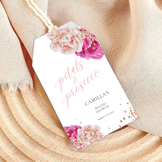 Étiquettes-cadeau Pétales et scénario Prosecco floral rose étincelan (Créateur téléchargé)