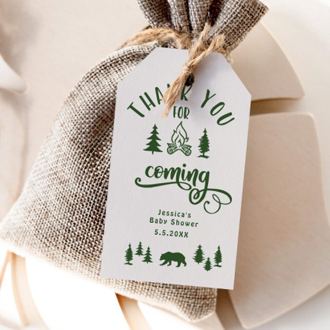 Étiquettes-cadeau Petit baby shower forestier vert de camping (Créateur téléchargé)