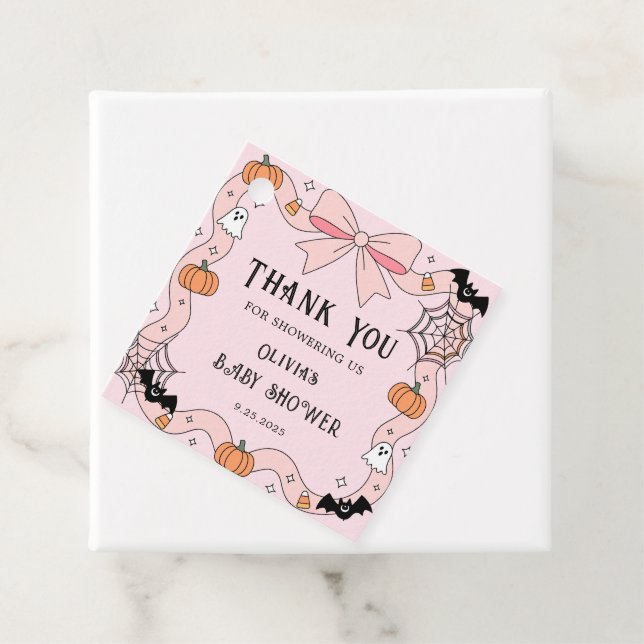 Étiquettes Cadeau Petit Boo Halloween Coquette Baby shower rose (En situation)