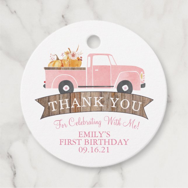 Étiquettes Cadeau Petit Camion rose Citrouille 1er anniversaire Fête (Devant)