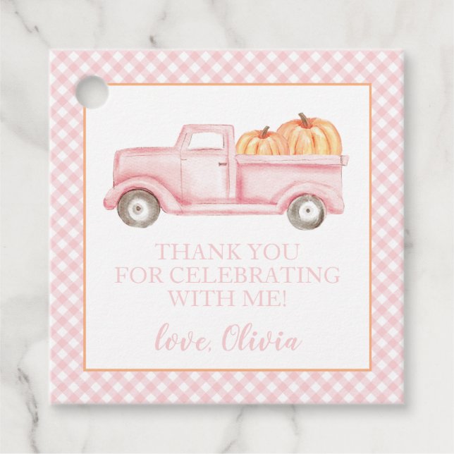 Étiquettes Cadeau Petit camion rose Citrouille plaid 1er anniversair (Devant)