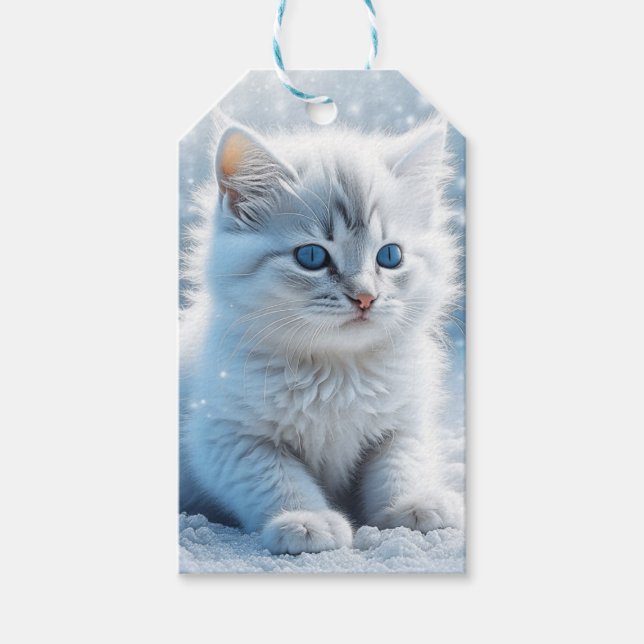 Étiquettes-cadeau Petit chaton blanc dans Noël de neige (Devant)