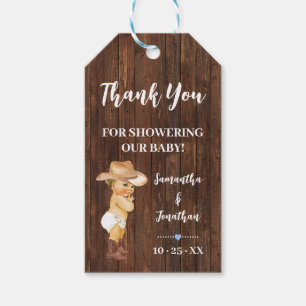 Étiquettes-cadeau Petit Cowboy Baby shower Bleu Faux Wood Favoriser