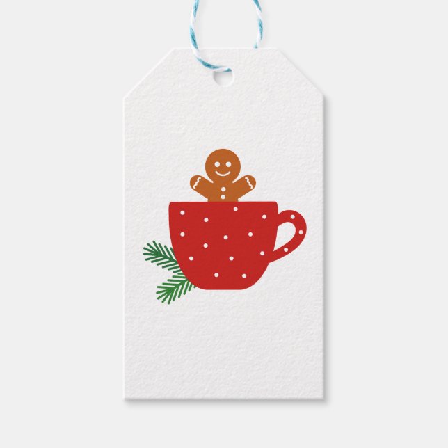Étiquettes-cadeau Petit homme en pain d'épices dans une tasse de caf (Devant)
