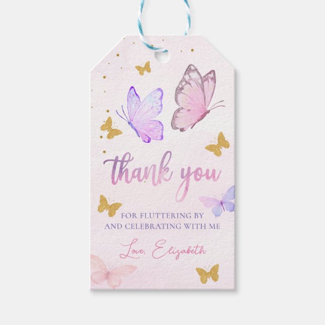 Étiquettes-cadeau Petit Papillon rose violet or fille Anniversaire (Devant)