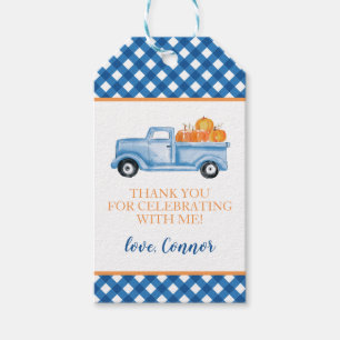 Étiquettes-cadeau Petite citrouille camion bleu carreaux premier ann