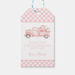 Étiquettes-cadeau Petite citrouille camion rose carreau premier anni