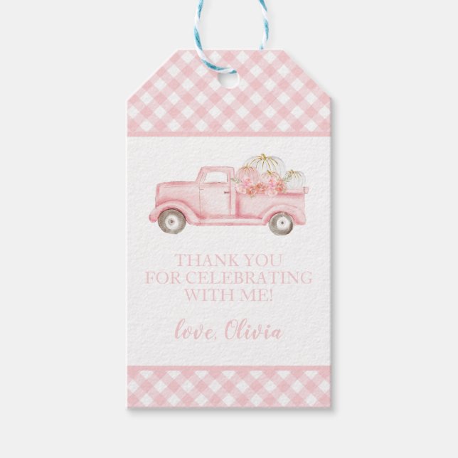 Étiquettes-cadeau Petite citrouille camion rose carreaux premier ann (Devant)