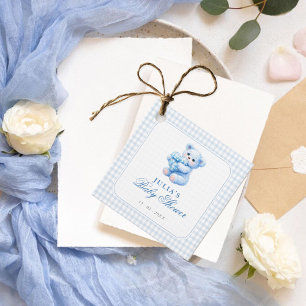 Étiquettes Cadeau Petite Fête de Naissance Ourson en Vichy Bleu