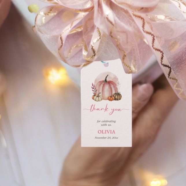 Étiquettes-cadeau Petite fille citrouille rose Baby Shower Merci (Créateur téléchargé)