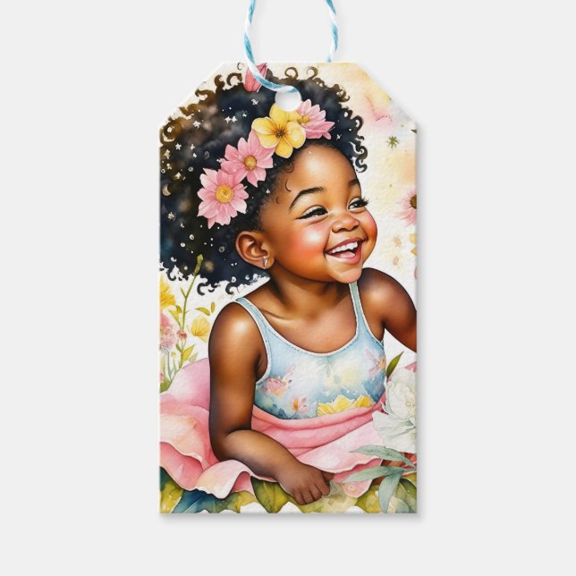 Étiquettes-cadeau Petite fille en fleurs roses Anniversaire personna (Devant)