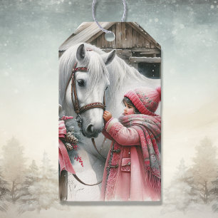Étiquettes-cadeau Petite fille et son cheval Noël rustique