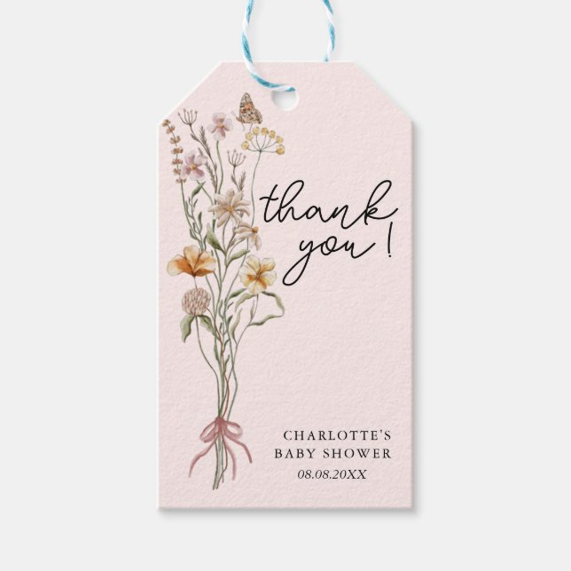 Étiquettes-cadeau Petite fille Fleur sauvage Baby shower rose Merci (Devant)