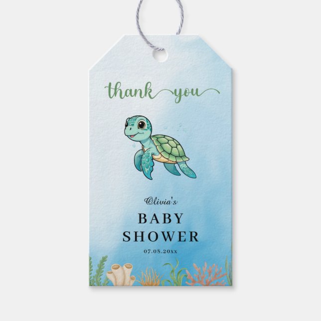 Étiquettes-cadeau Petite tortue à éclos sous le Baby shower marin (Devant)