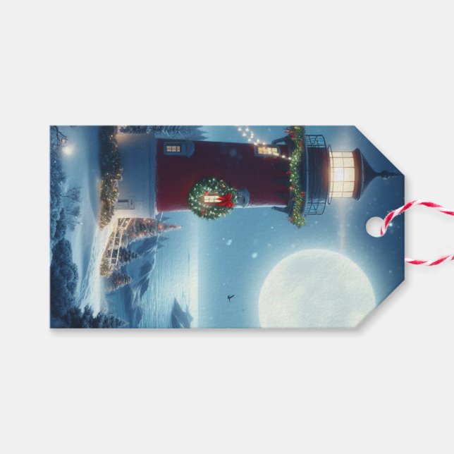 Étiquettes-cadeau Phare de Noël nautique (Devant (Horizontal))