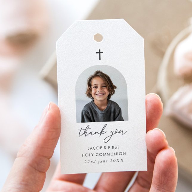 Étiquettes-cadeau Photo Arched First Communion Boy Merci (Zazzle Arched Photo First Communion Boy Thank You Gift Tags)