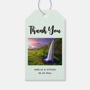 Étiquettes-cadeau Photo de mariage de la cascade islandaise verte et