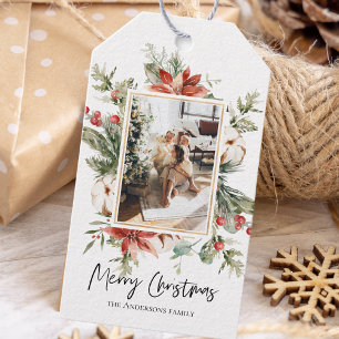 Étiquettes-cadeau Photo de Noël & Cadre Floral Joyeux Noël