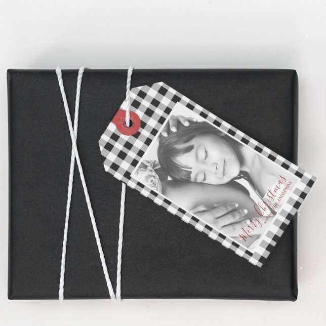 Étiquettes-cadeau Photo de Noël Noir Blanc Plaid En vichy Motif (Créateur téléchargé)
