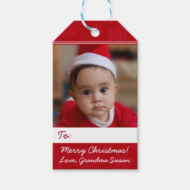 Étiquettes-cadeau Photo de Noël personnalisée en rouge (Devant)