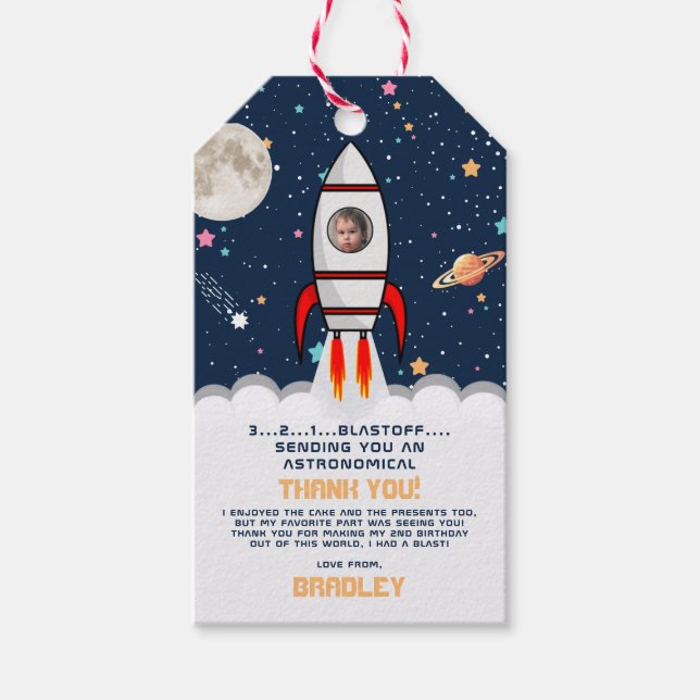 Étiquettes-cadeau Photo du 2e anniversaire du Moon Rocket Ship (Devant)