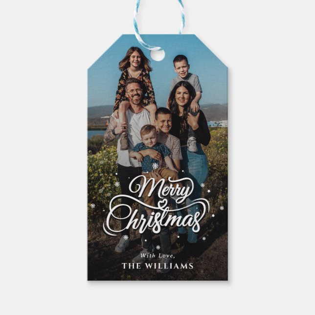 Étiquettes-cadeau Photo et nom de famille élégant | Joyeux Noël (Devant)
