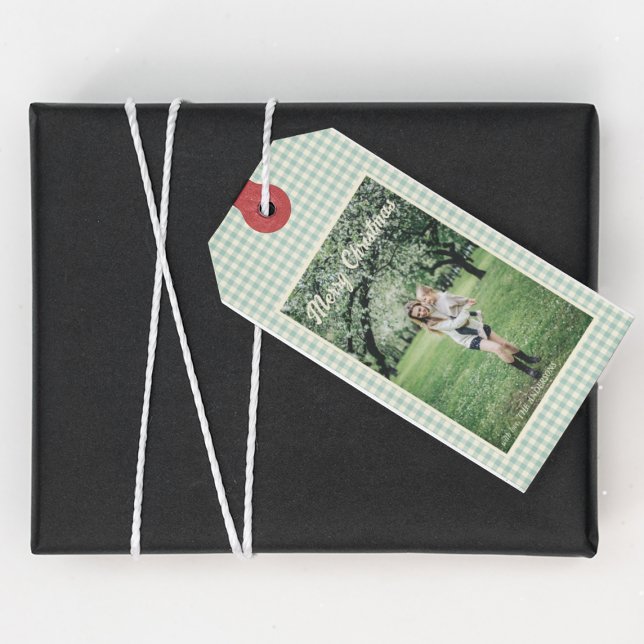 Étiquettes-cadeau Photo Joyeux Noël Vert Plaid En vichy Rustique (Créateur téléchargé)