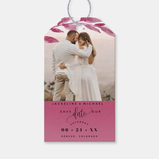 Étiquettes-cadeau Photo, Mariage Feuille couleur Berry Enregistrer l (Devant)