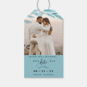 Étiquettes-cadeau Photo, Mariage Feuille Dusty Blue Sauvez la date