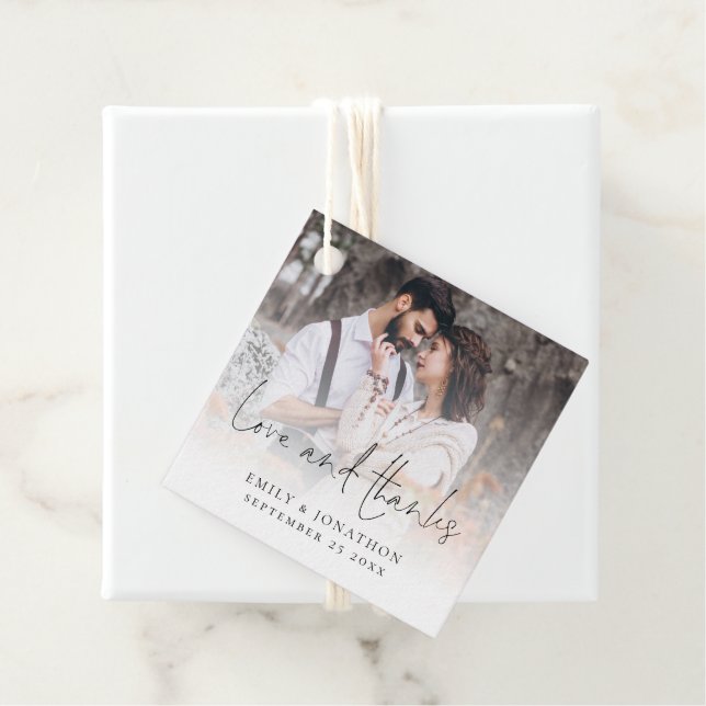 Étiquettes Cadeau Photo Overlay Love et Merci Mariage de script (En situation)