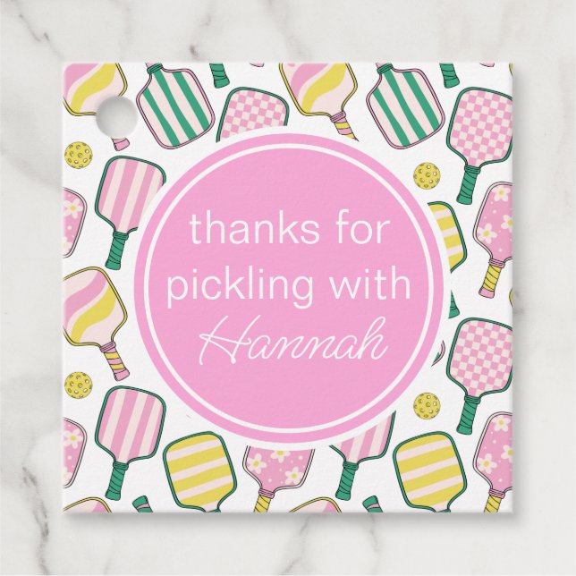 Étiquettes Cadeau Pickleball rose et jaune (Devant)