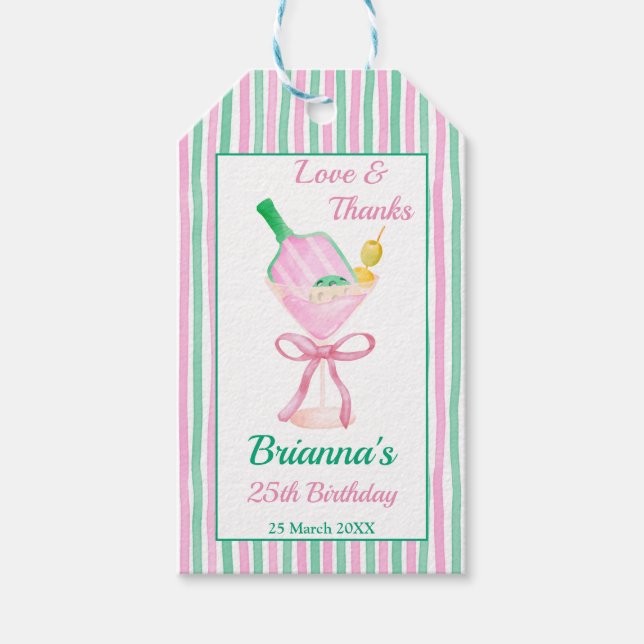 Étiquettes-cadeau Pickleball rose et vert fête d'anniversaire (Devant)