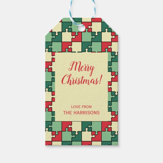 Étiquettes-cadeau Pièces de puzzle géométrique rouge vert Motif (Devant)