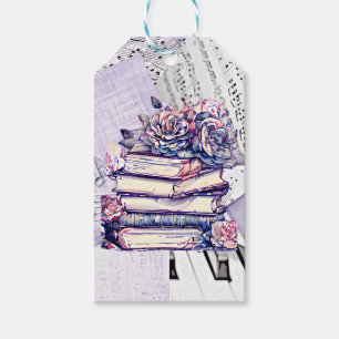 Étiquettes-cadeau Pile vintage de livres et de Roses