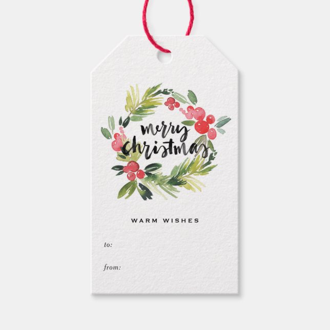 Étiquettes-cadeau Pin d'aquarelle et couronne blanche Joyeux Noël (Devant)