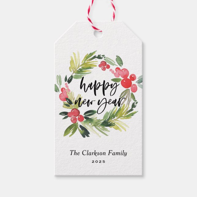 Étiquettes-cadeau Pin d'aquarelle et Wreath Holly Bonne année (Devant)