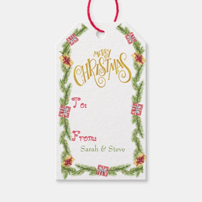 Étiquettes-cadeau Pin Festif et Cadeaux - Joyeux Noël Or (Devant)