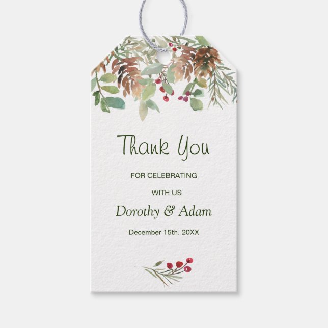 Étiquettes-cadeau Pin vert hiver Mariage Merci (Devant)
