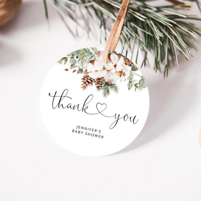 Étiquettes Cadeau Pine cône hiver À feuillage persistant merci (Créateur téléchargé)