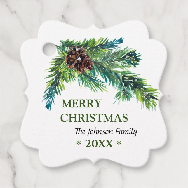 Étiquettes Cadeau Pine d'aquarelle Joyeux Noël (Devant)