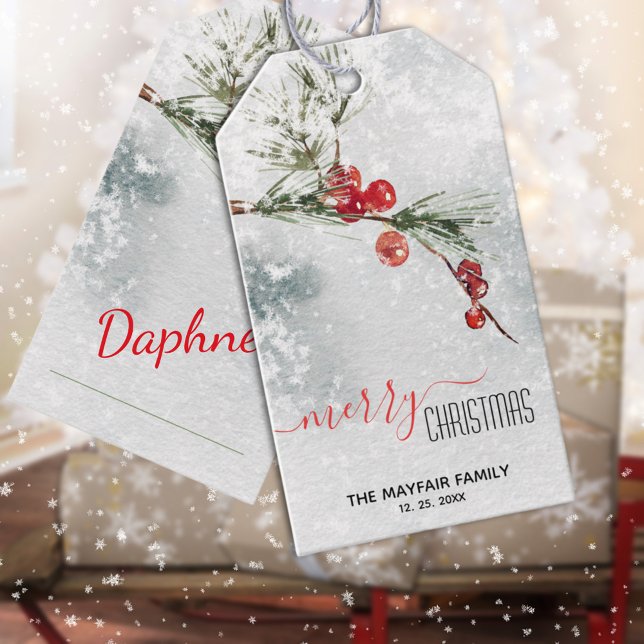 Étiquettes-cadeau Pine Sprig Red Berries Snowstorm Joyeux Noël (Pine Sprig Red Berries Snowstorm Merry Christmas Holiday Gift Wrapping Name Tag)