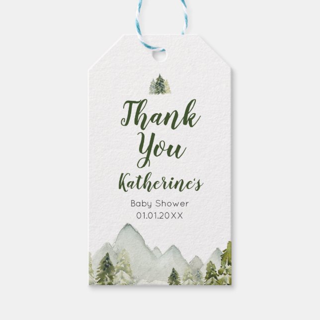 Étiquettes-cadeau Pine Tree Rustique Baby shower d'aventure Merci (Devant)