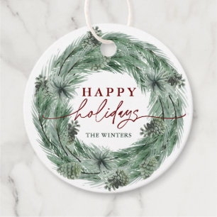 Étiquettes Cadeau Pine Tree Wreath Happy Holidays with QR Code