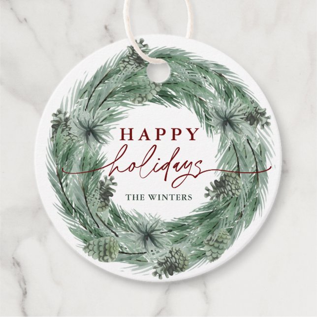 Étiquettes Cadeau Pine Tree Wreath Happy Holidays with QR Code (Devant)