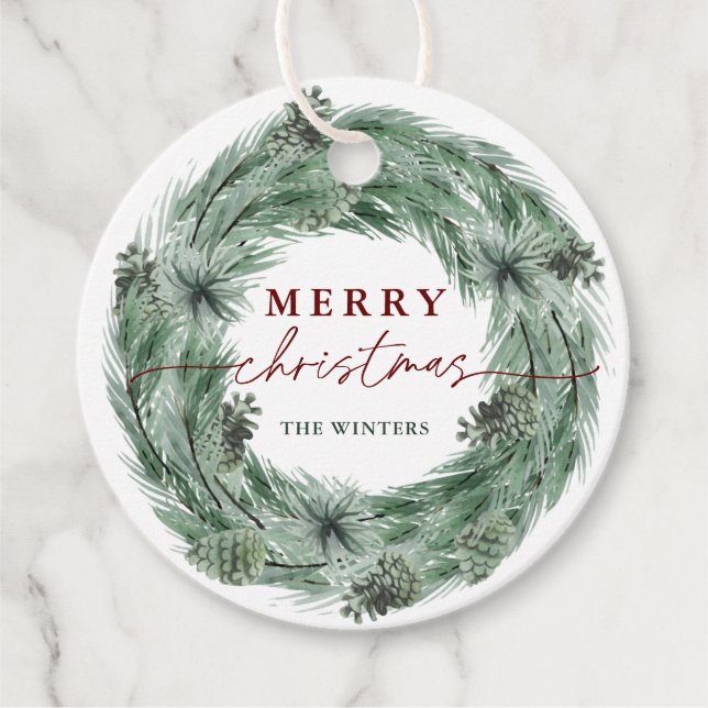 Étiquettes Cadeau Pine Tree Wreath Joyeux Noël avec code QR (Devant)